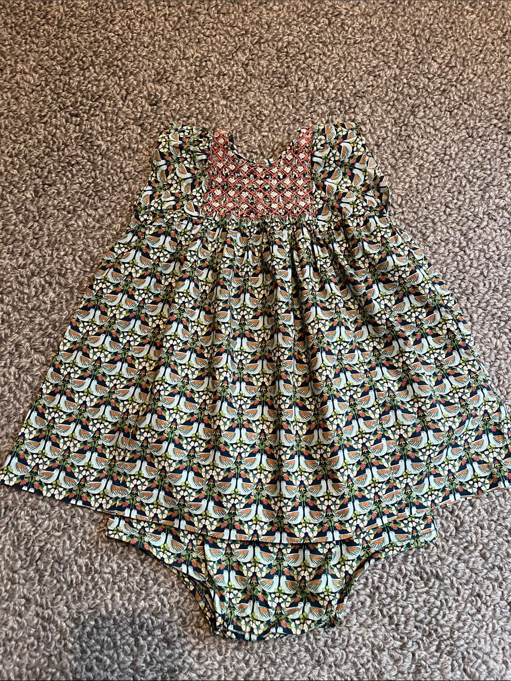 Bonpoint Green and Coral Smocked Floral Romper